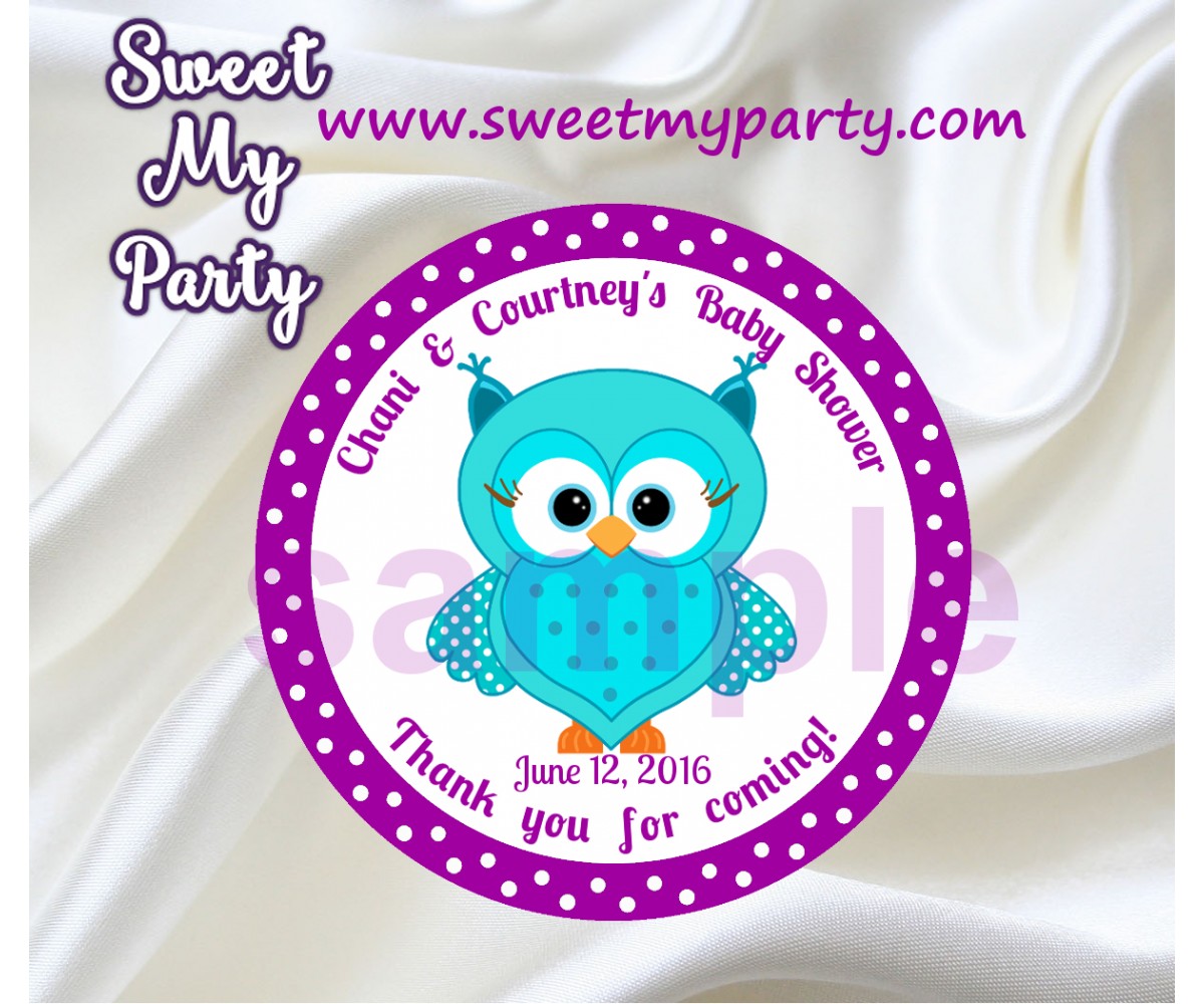 Turquoise Purple Owl Baby Shower stickers,Purple Turquoise Owl Baby Shower thank you tags,(002)